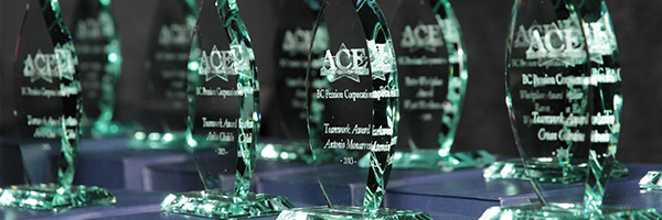 Several ACE award trophies for BC Pension Corporation